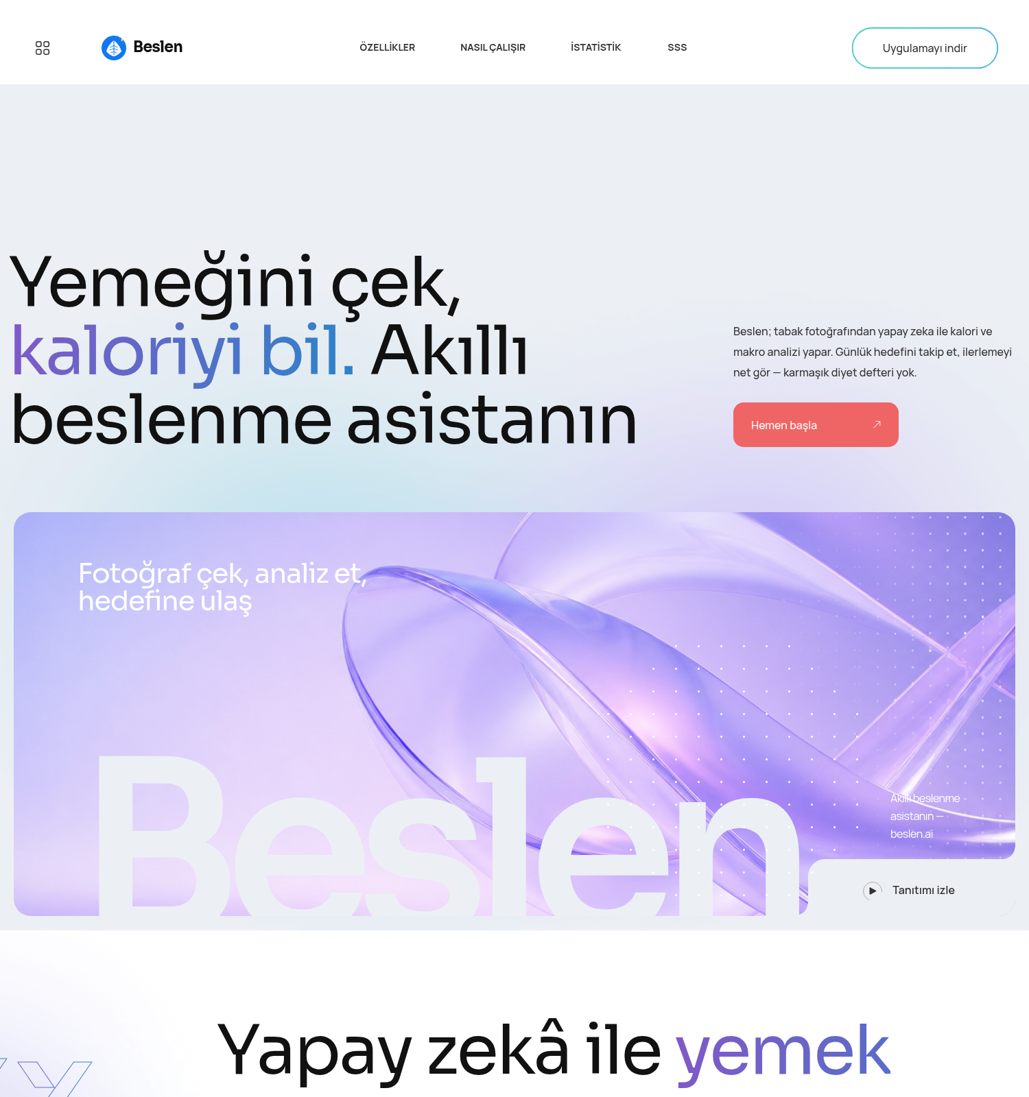 Beslen AI kalori ve beslenme takip uygulaması tanıtım sitesi proje görseli