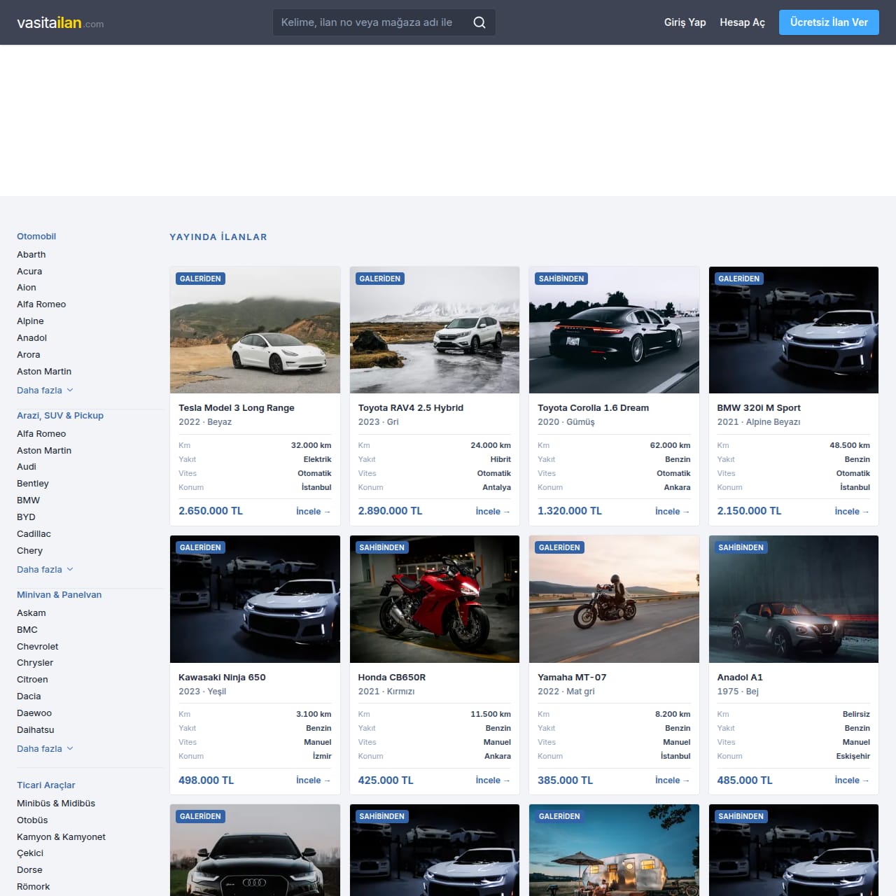 Vasıta İlan web sitesi